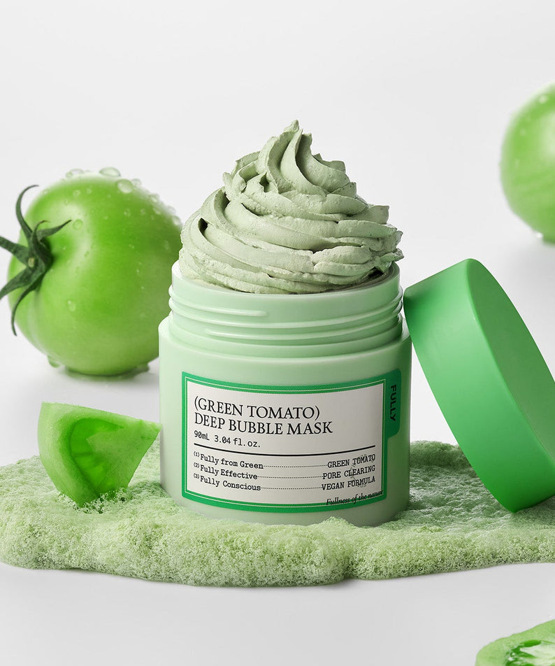 FULLY Green Tomato Deep Bubble Mask 90ml de la marque FULLY, pot vert sur fond blanc, décor tomates vertes et mousse.