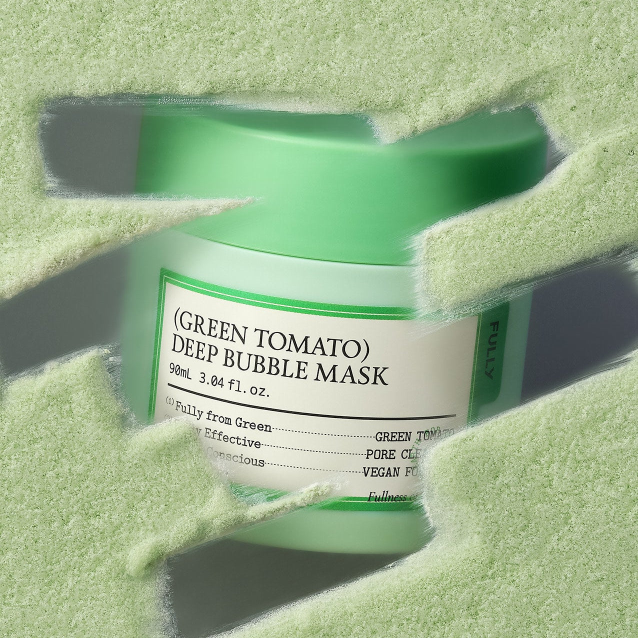FULLY Green Tomato Deep Bubble Mask 90ml de marque FULLY, tube vert sur fond texturé évoquant la tomate verte.