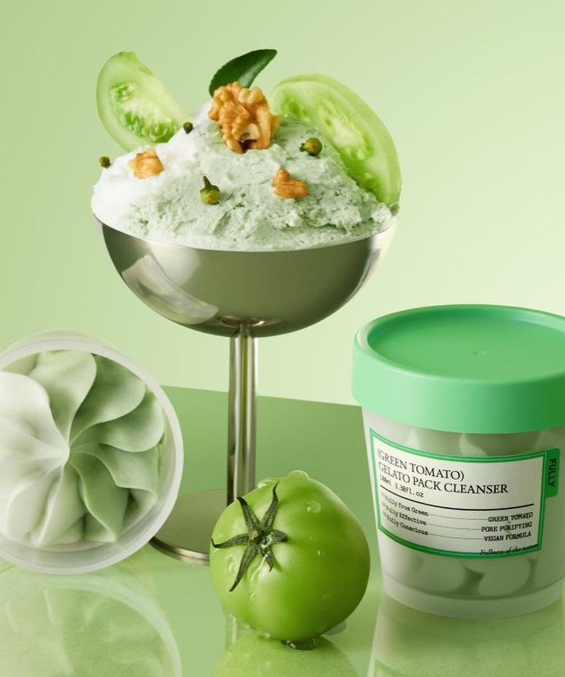 FULLY Green Tomato Gelato Pack Cleanser 100ml de la marque FULLY, pot vert sur fond vert avec tomates et gelato