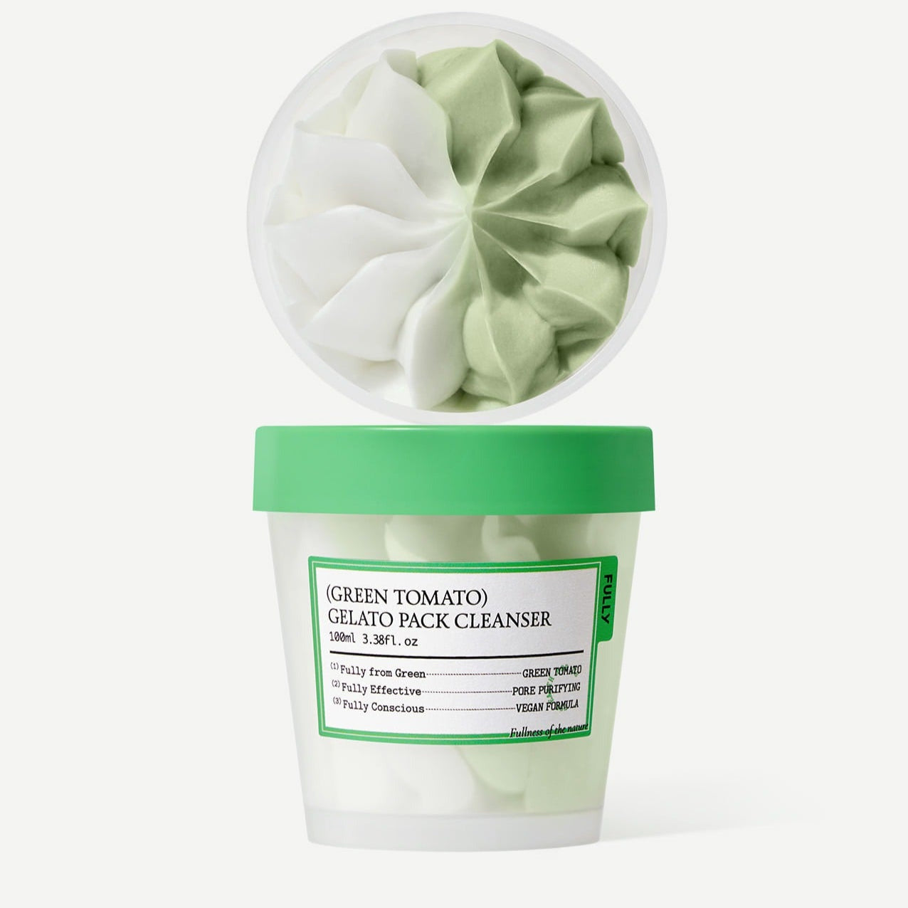 FULLY  Green Tomato Gelato Pack Cleanser 100ml, gel nettoyant vert en pot sur fond blanc, visuel produit FULLY