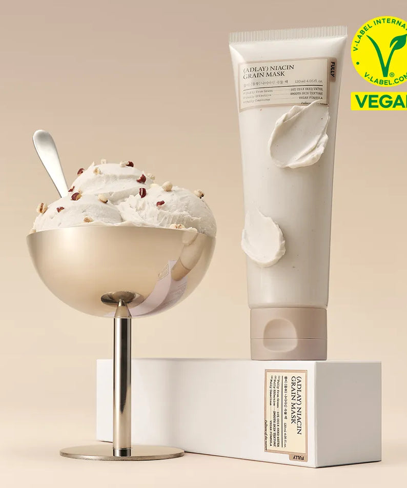 FULLY Job's tears niacin grain pack 120ml, masque grain niacin de la marque FULLY sur fond beige, tube et bol crème