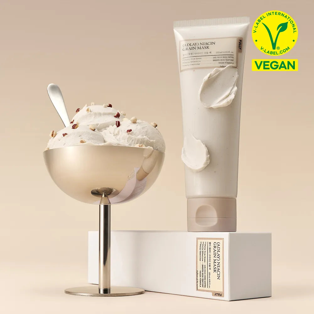 FULLY Job's tears niacin grain pack 120ml, masque grain niacin de la marque FULLY sur fond beige, tube et bol crème