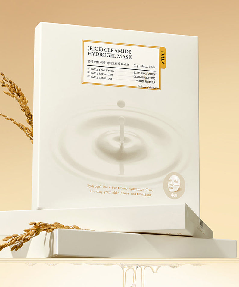FULLY Rice Cera Hydrogel Mask de FULLY, masque hydrogel sur emballage, avec épis de blé, décor beige, photo produit.