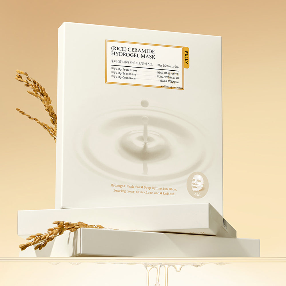 FULLY Rice Cera Hydrogel Mask de FULLY, masque hydrogel sur emballage, avec épis de blé, décor beige, photo produit.