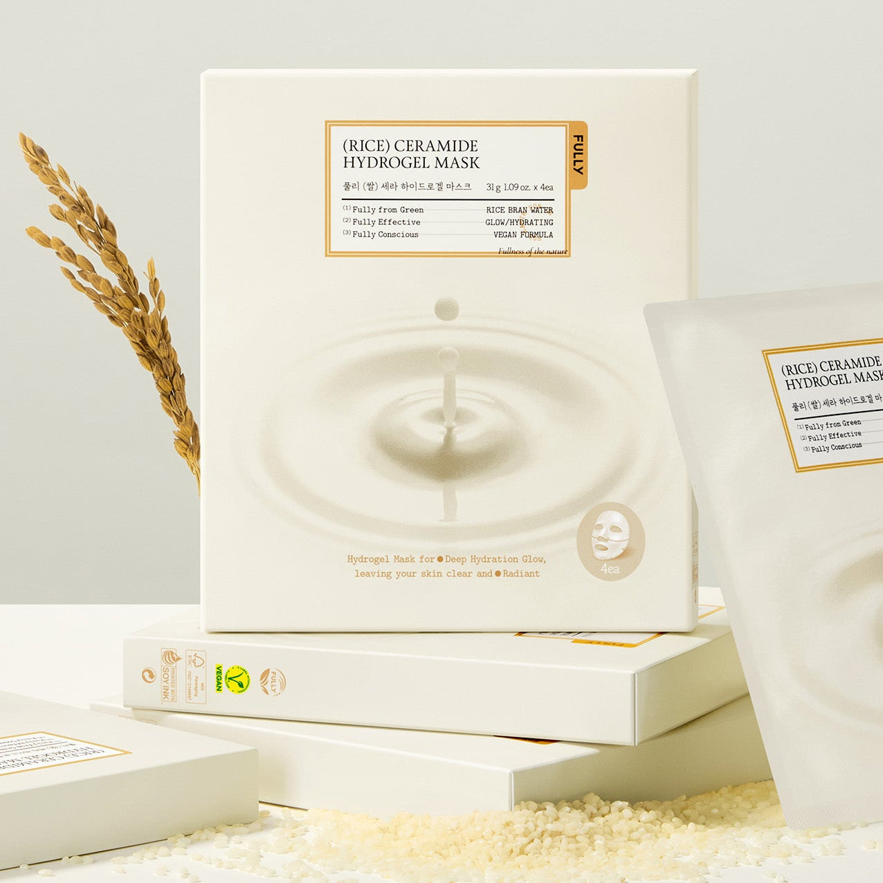 FULLY Rice Cera Hydrogel Mask de la marque FULLY, masque hydrogel sur fond crème avec épis de riz, présentation produit.