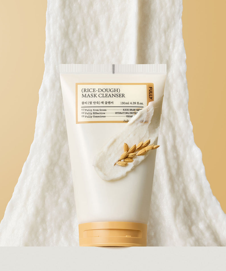 FULLY  Rice Dough Pack Cleanser 130ml, tube de nettoyant pour masque à l’extrait de riz, marque FULLY en gros plan.