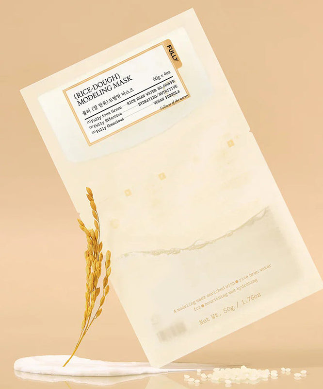 FULLY  Rice dough modeling mask 4ea : masque à la pâte de riz FULLY sur packaging, décor minimaliste beige.