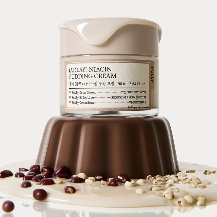 FULLY Yulmu Niacin Pudding Cream 90ml, pot crème à la niacinamide sur fond clair, marque FULLY Yulmu, texture pudding.