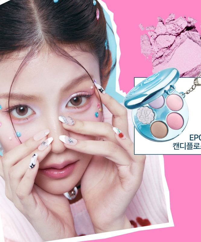 Palette de maquillage FWEE Pew Pocket Eye Palette avec teintes pastels et modèle féminin, fond rose, produit élégant et tendance excentré.