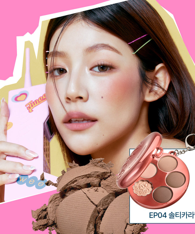 Palette FWEE Pew Pocket Eye Palette avec maquillage à la mode sur fond rose.