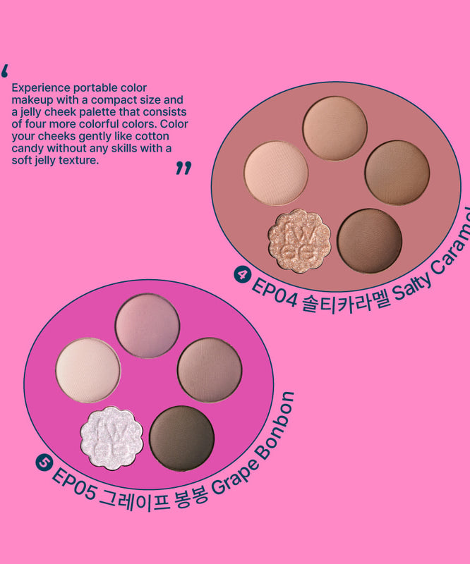 Palette d'ombres à paupières FWEE Pew Pocket Eye Palette avec nuances Salted Caramel et Grape Bonbon, parfaite pour un maquillage coloré.