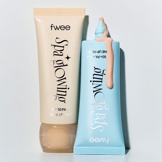 Décris l'image en français : FWEE Spa Glowing UV Tone-Up Base 35ml 2 Types, tubes UV tonifiant sur fond clair.