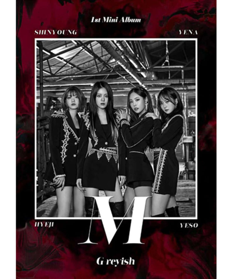 G-REYISH - 1st Mini Album [M] - Album Kpop : couverture avec 4 membres, décor industriel, style concept noir-rouge