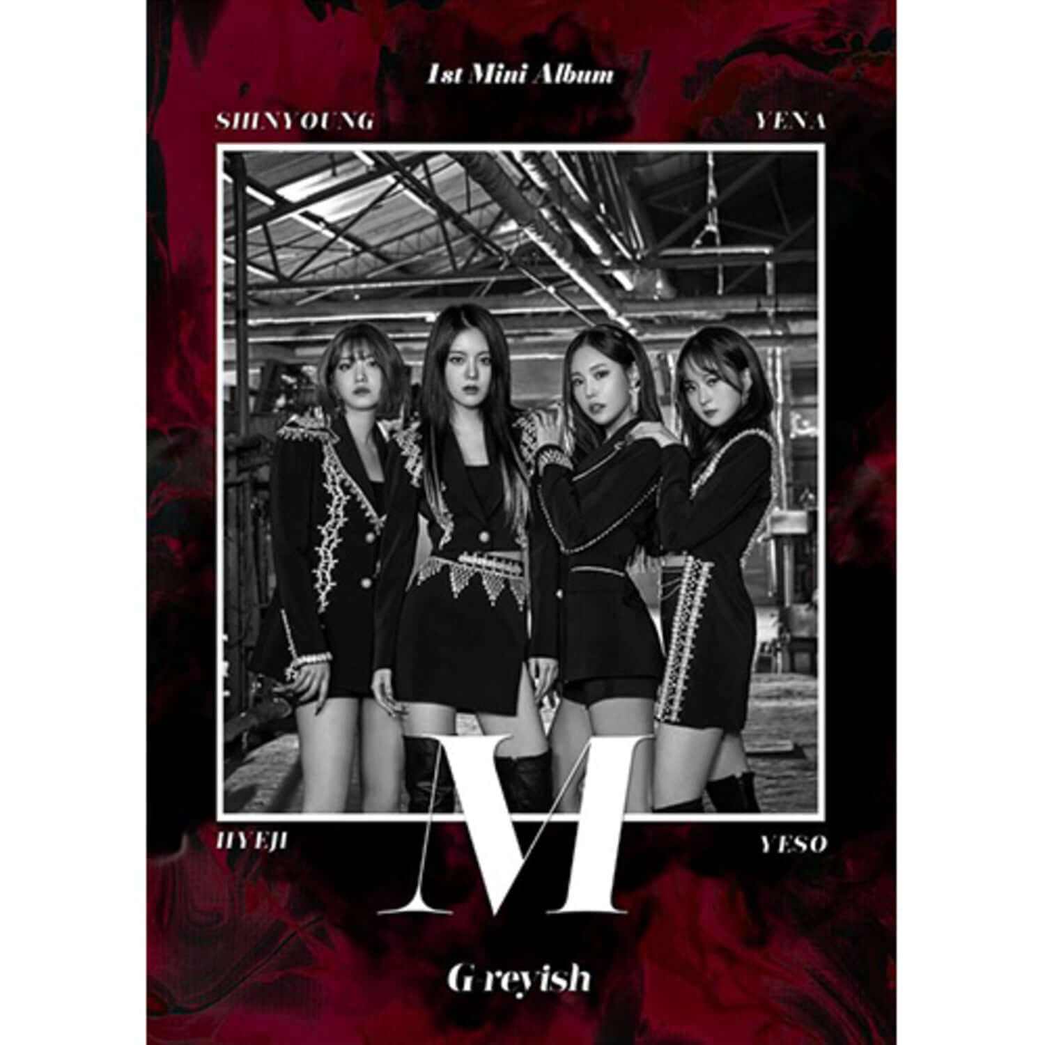 G-REYISH - 1st Mini Album [M] - Album Kpop : couverture avec 4 membres, décor industriel, style concept noir-rouge