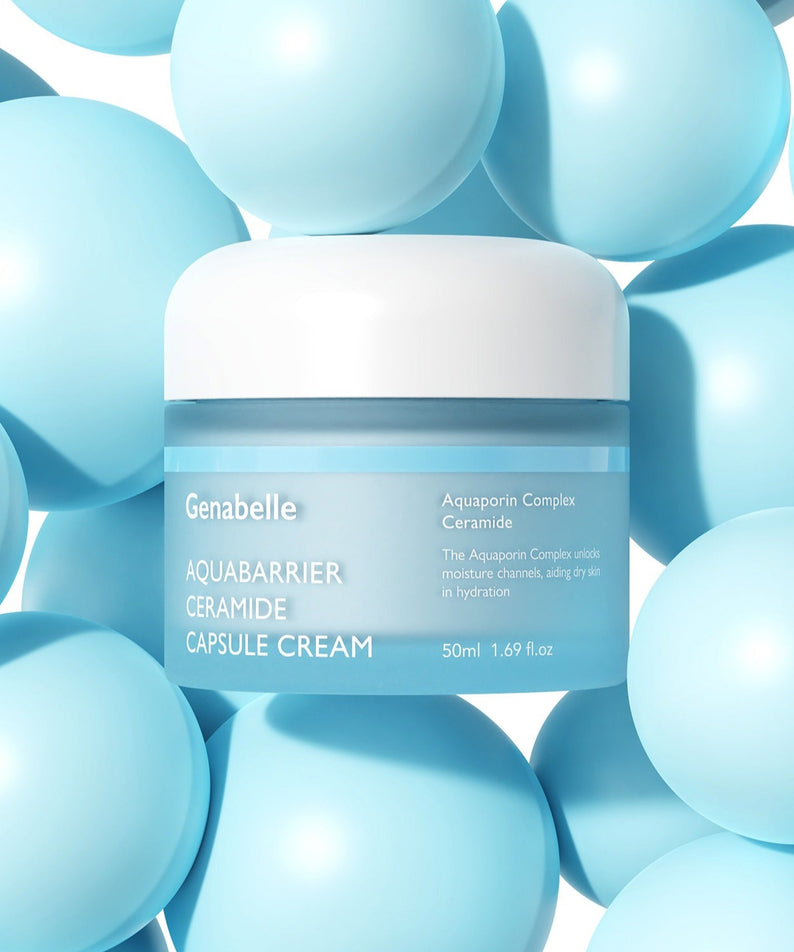 GENABELLE Auqabarrier Ceramide Capsule Cream 50ml, flacon Genabelle sur fond billes bleues, crème barrière céramides.