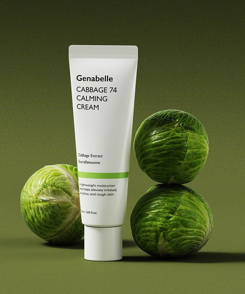 GENABELLE Cabbage 74 Calming Cream 50ml, crème apaisante sur fond vert avec feuilles de chou et tube de la marque