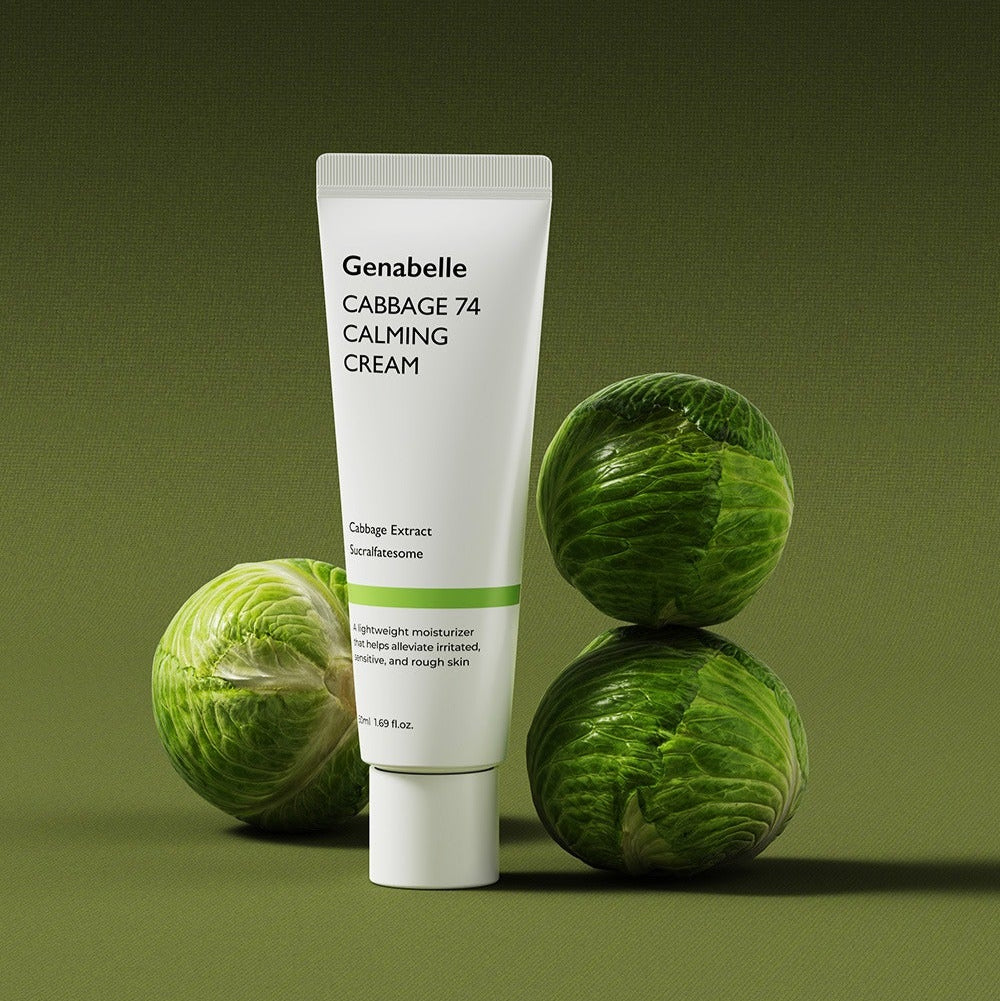 GENABELLE Cabbage 74 Calming Cream 50ml, crème apaisante sur fond vert avec feuilles de chou et tube de la marque