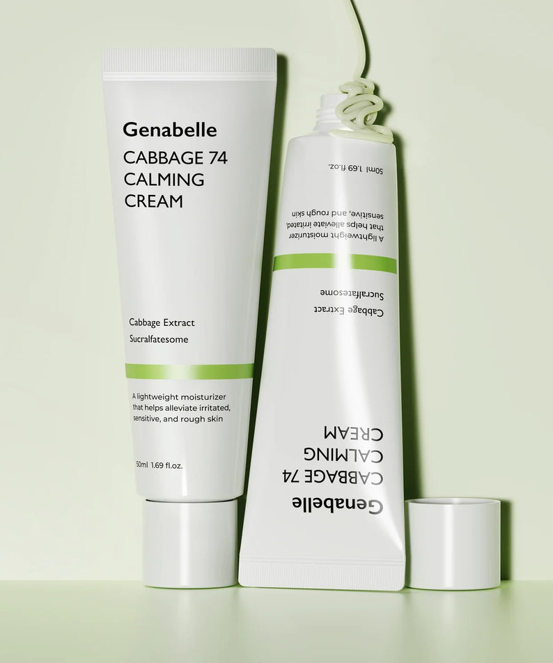 GENABELLE Cabbage 74 Calming Cream 50ml de Genabelle, tube et flacon posés sur fond clair, contexte visuel produit.
