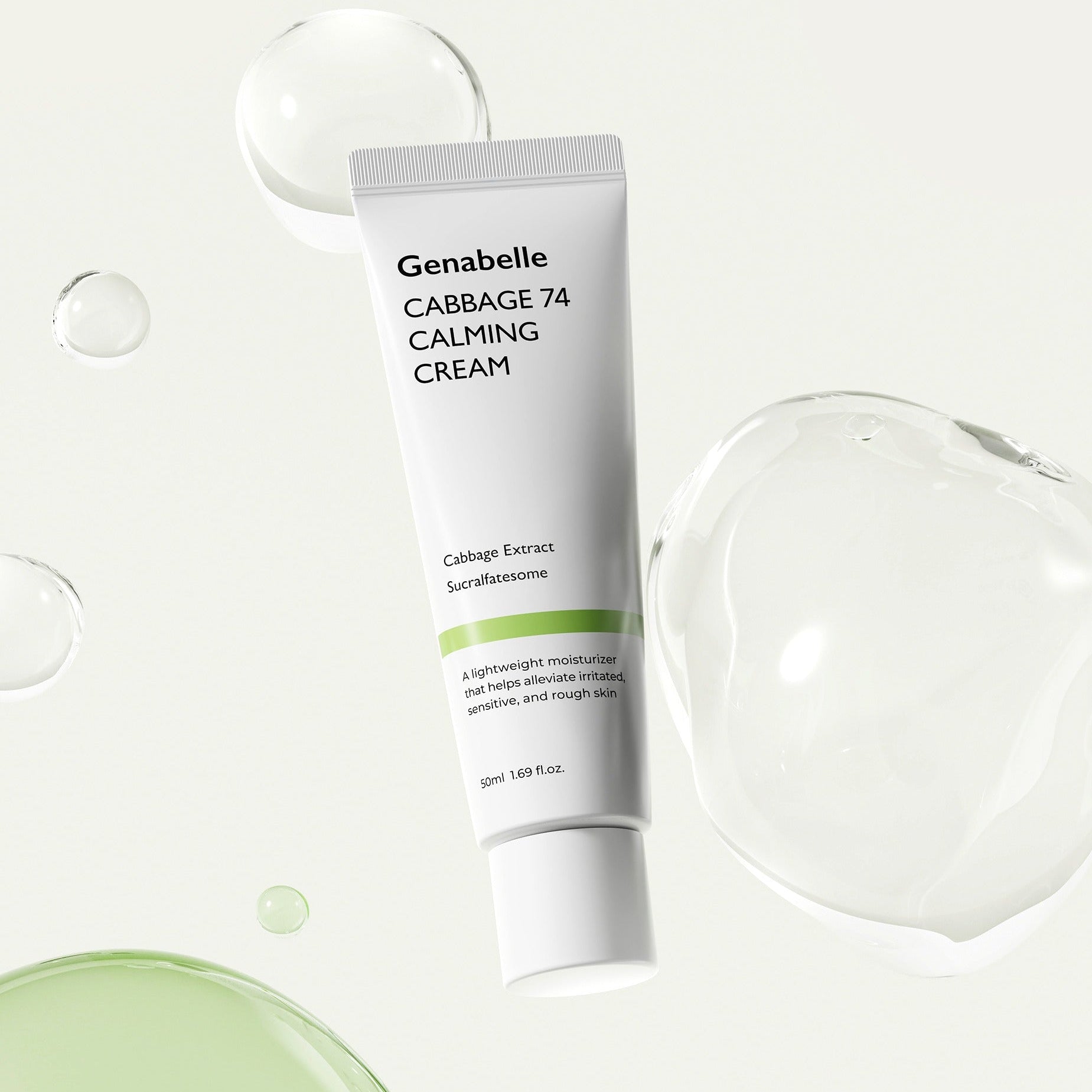 Décris l'image en français : GENABELLE Cabbage 74 Calming Cream 50ml, tube blanc sur fond clair, ambiance soins visage.