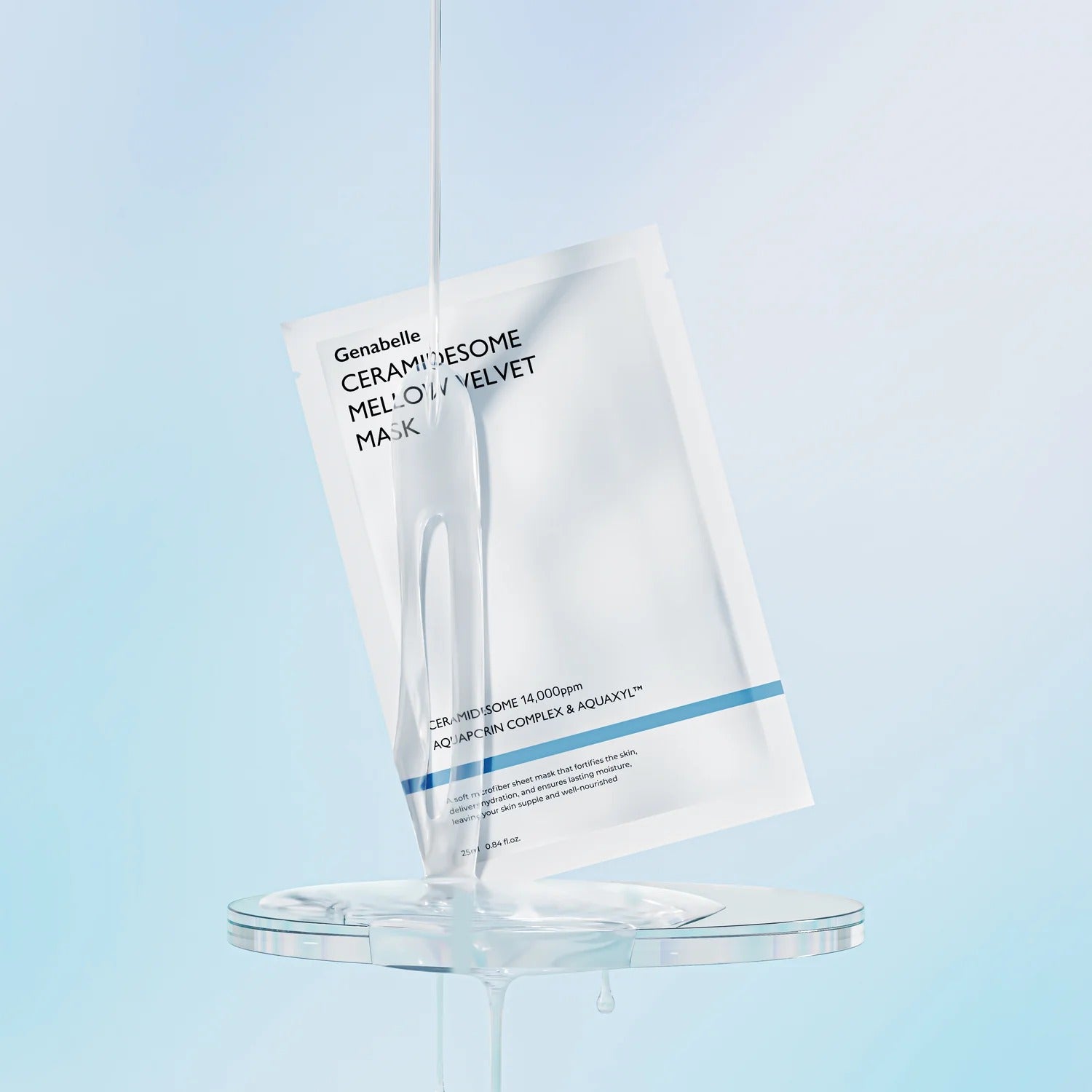 GENABELLE Ceramidsome Mellow Velvet Mask 5ea, masques GENABELLE sur fond bleu clair, présentation en sachet.