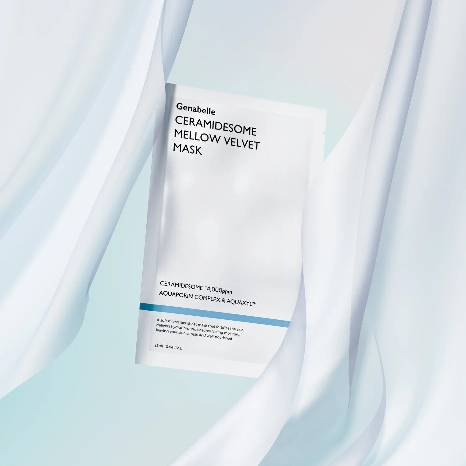 GENABELLE Ceramidsome Mellow Velvet Mask 5ea de la marque Genabelle, boîte sur fond bleu doux et tissu fluide.