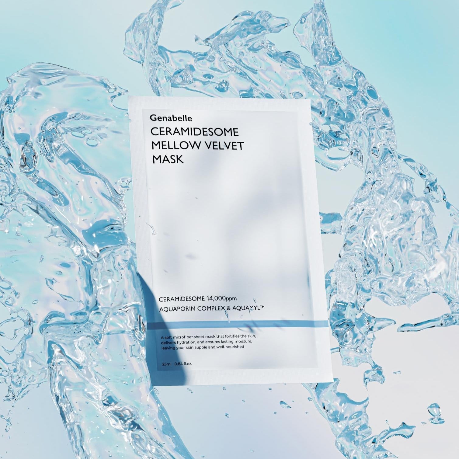 GENABELLE Ceramidsome Mellow Velvet Mask 5ea de Genabelle sur fond bleu avec texture crème, packaging au centre.