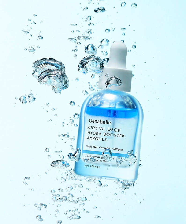 GENABELLE Crystal Drop Hydra Booster Ampoule 30ml, marque Genabelle, flacon bleu sous éclaboussures d’eau, visuel hydratant