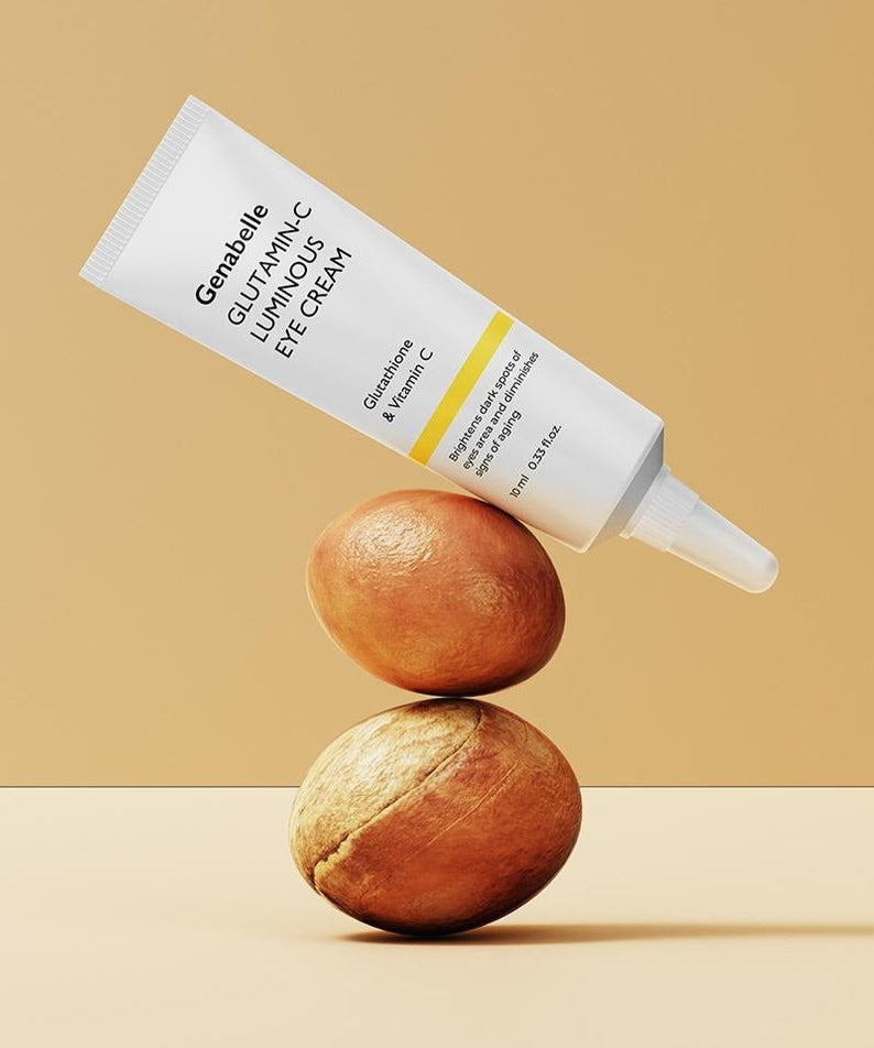 GENABELLE Glutamin-C Luminous Eye Cream 10ml de la marque Genabelle, tube posé sur des fruits, fond beige