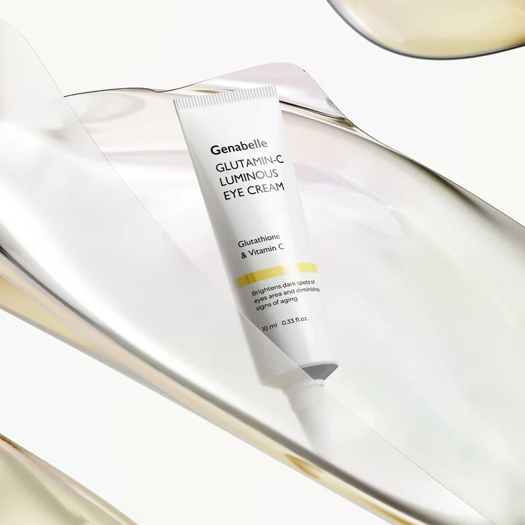 GENABELLE Glutamin-C Luminous Eye Cream 10ml de la marque Genabelle, tube crème près d’une spatule sur fond clair.