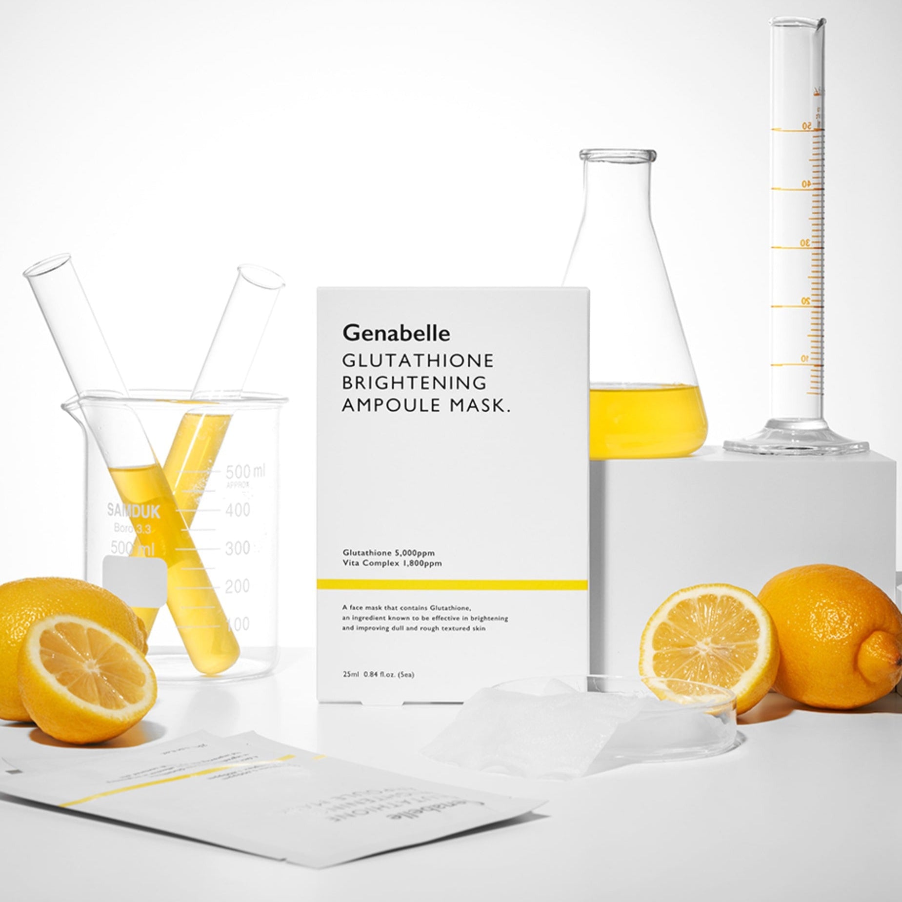 GENABELLE Glutathione Brightening Ampoule Mask 5ea, marque Genabelle : masques et sérum au glutathion, décor agrumes sur fond blanc.