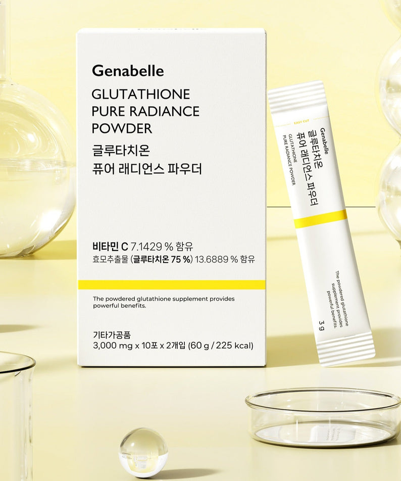 GENABELLE Glutathione Pure Radiance Powder 20ea, boîte et sachet, ingrédients jaunes, scène beauté en studio
