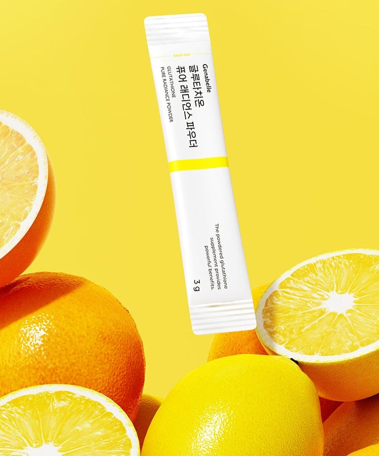 GENABELLE Glutathione Pure Radiance Powder 20ea, tube blanc sur fond jaune avec citrons, marque en contexte visuel fruité
