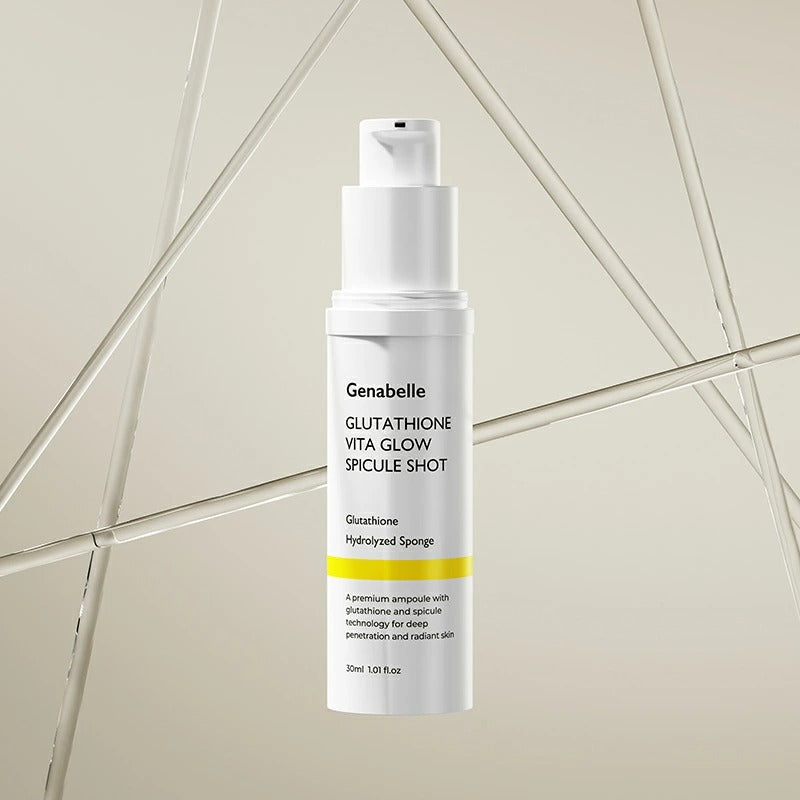 GENABELLE Glutathione Vita Glow Spicule Shot 30ml de Genabelle, flacon sur fond géométrique blanc et beige, contexte visuel.