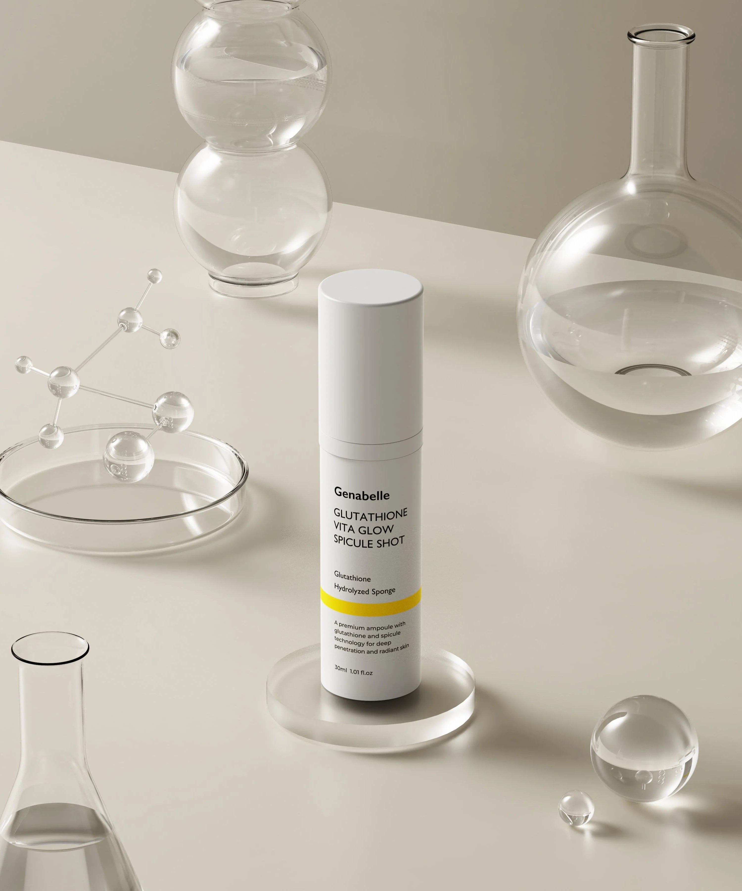 GENABELLE Glutathione Vita Glow Spicule Shot 30ml de la marque Genabelle, flacon blanc sur fond minimal avec verrerie