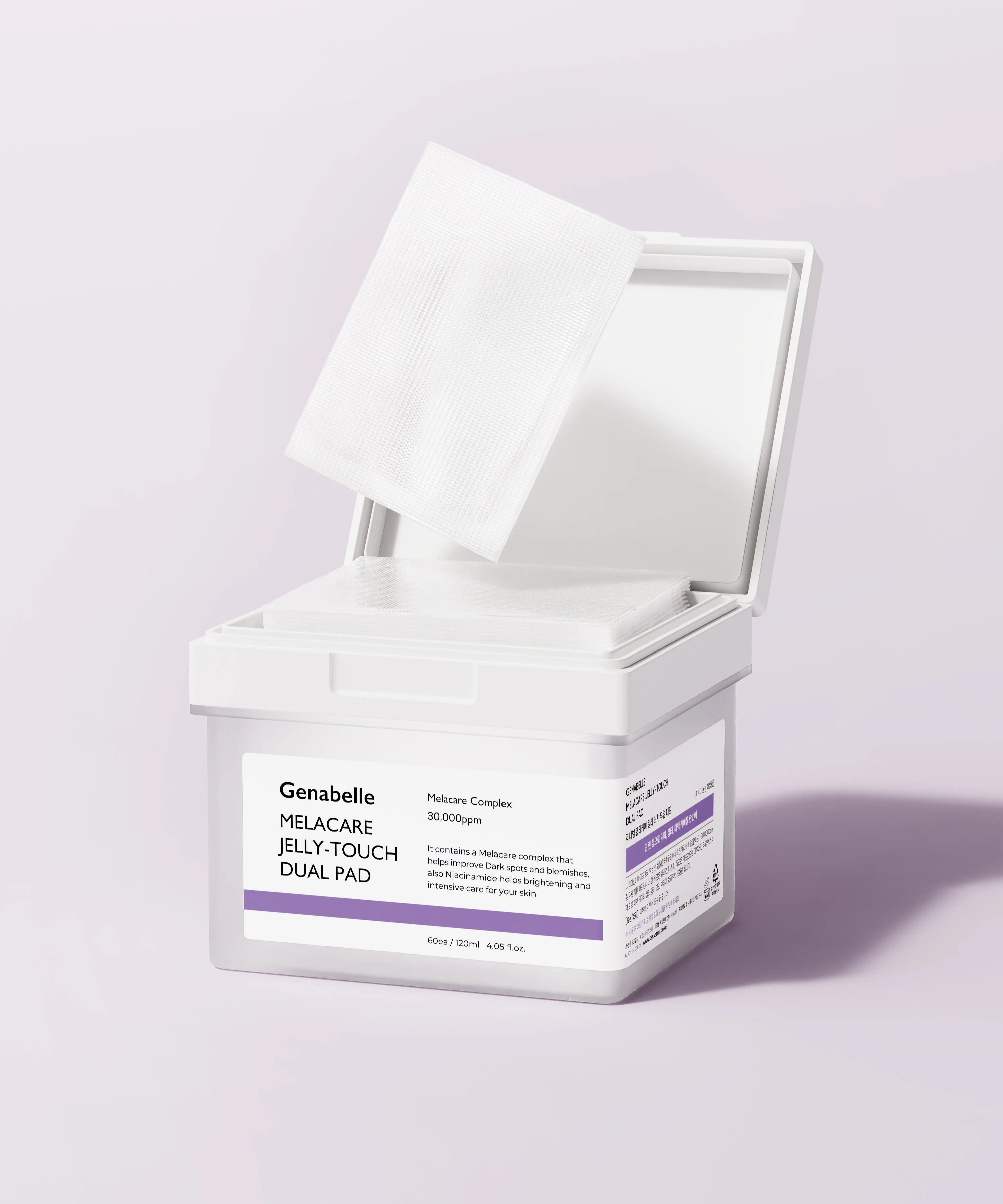 GENABELLE Melacar Jelly Touch Dual Pad 60ea Genabelle, boîte et lingettes ouvertes sur fond clair, visuel produit en gros plan.