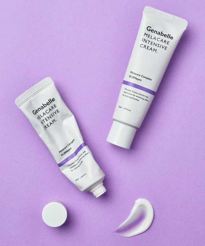 GENABELLE Melacare Intensive Cream 50ml de Genabelle sur fond violet, tube et crème, visuel cosmétique.