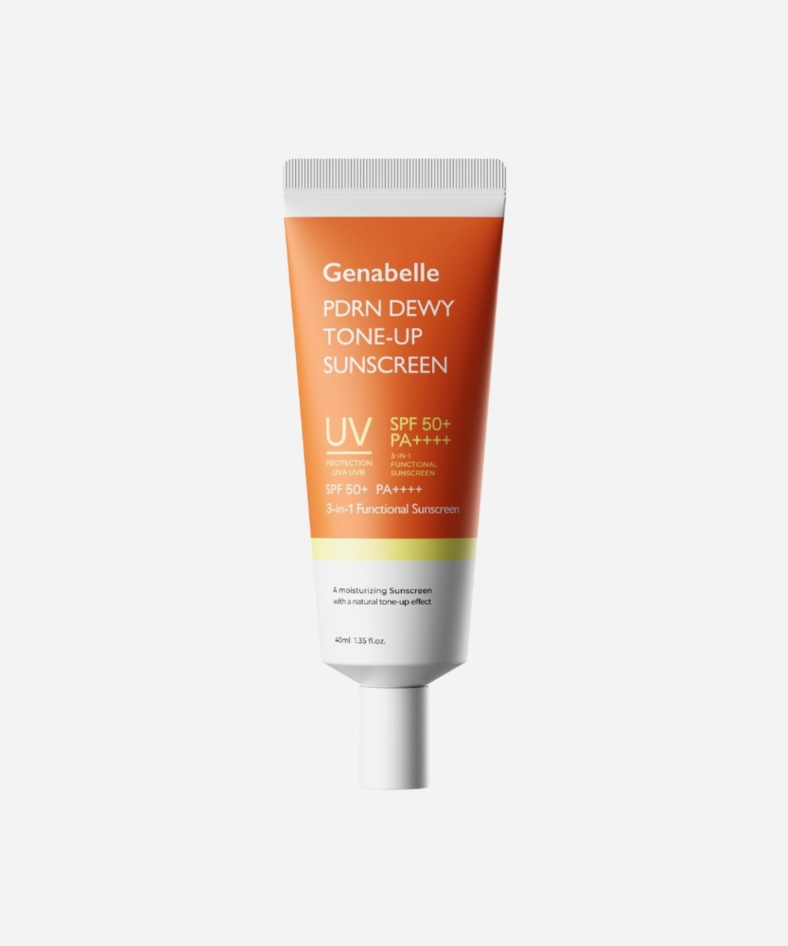 Décris l'image en français : GENABELLE PDRN Dewy Tone-up Sunscreen 40ml, tube crème solaire démaquillante, fond clair.