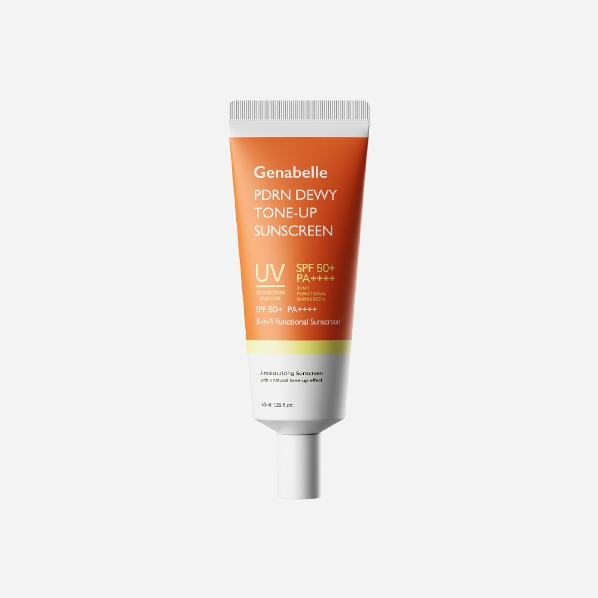 Décris l'image en français : GENABELLE PDRN Dewy Tone-up Sunscreen 40ml, tube crème solaire démaquillante, fond clair.