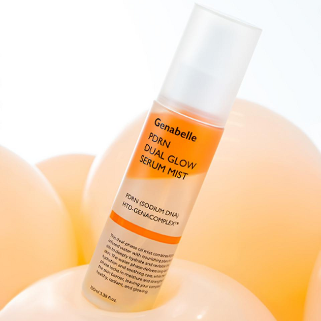 GENABELLE PDRN Dual Glow Serum Mist 100ml de la marque Genabelle, flacon orange sur fond lumineux, ambiance beauté.