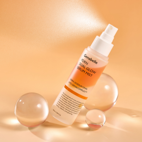GENABELLE PDRN Dual Glow Serum Mist 100ml, brume visage de la marque Genabelle sur fond orange, flacons et perles.
