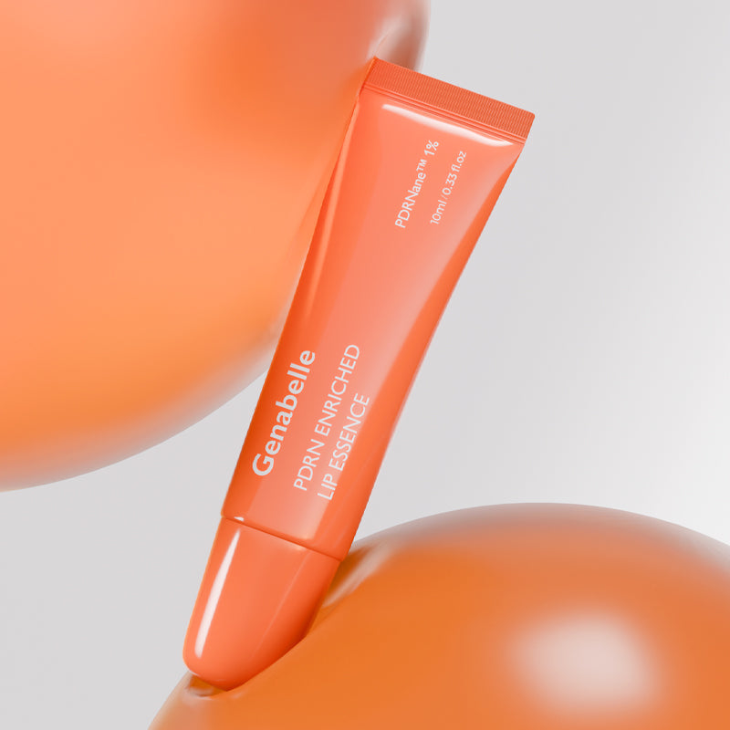 GENABELLE PDRN Enriched Lip Essence 10ml de la marque Genabelle, tube orange sur fond blanc, contexte beauté.