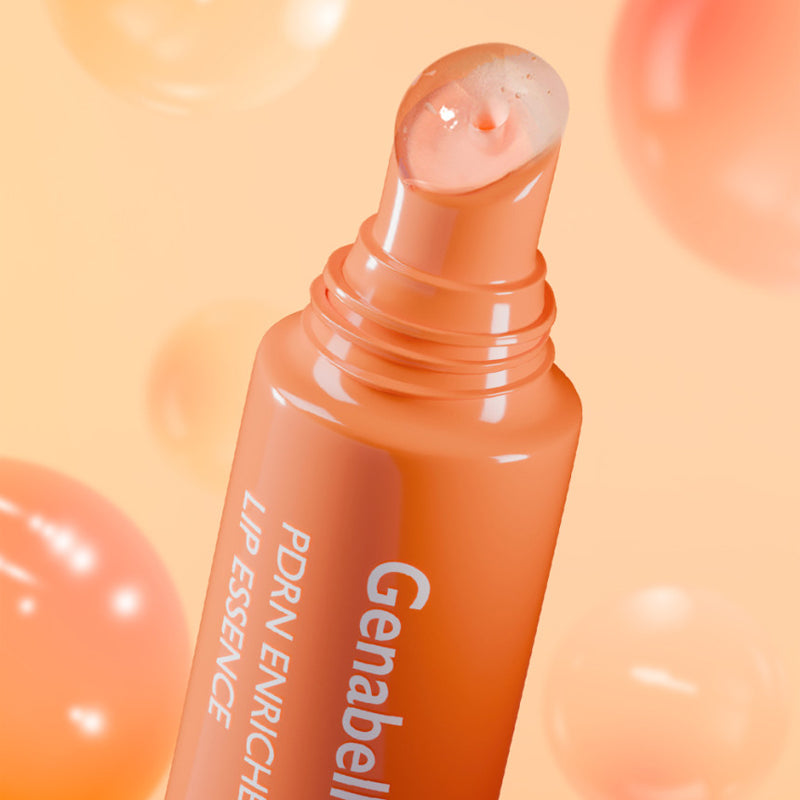 GENABELLE PDRN Enriched Lip Essence 10ml, tube et texture sur fond orange lumineux, marque GENABELLE en gros plan