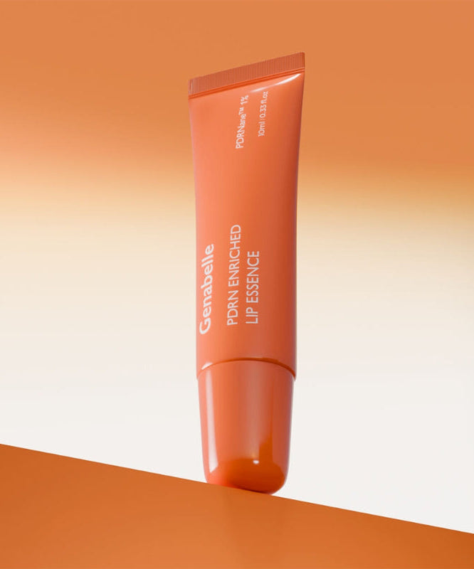GENABELLE PDRN Enriched Lip Essence 10ml : tube cosmétique sur fond orange dégradé, visuel produit de la marque GENABELLE.