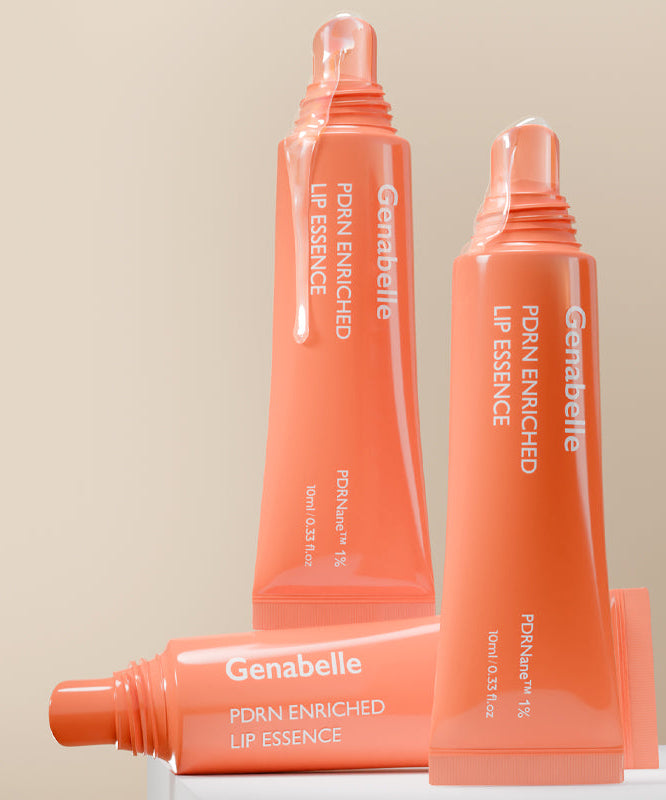GENABELLE PDRN Enriched Lip Essence 10ml : flacons de baume pour lèvres, marque Genabelle, sur fond clair, packaging corail.