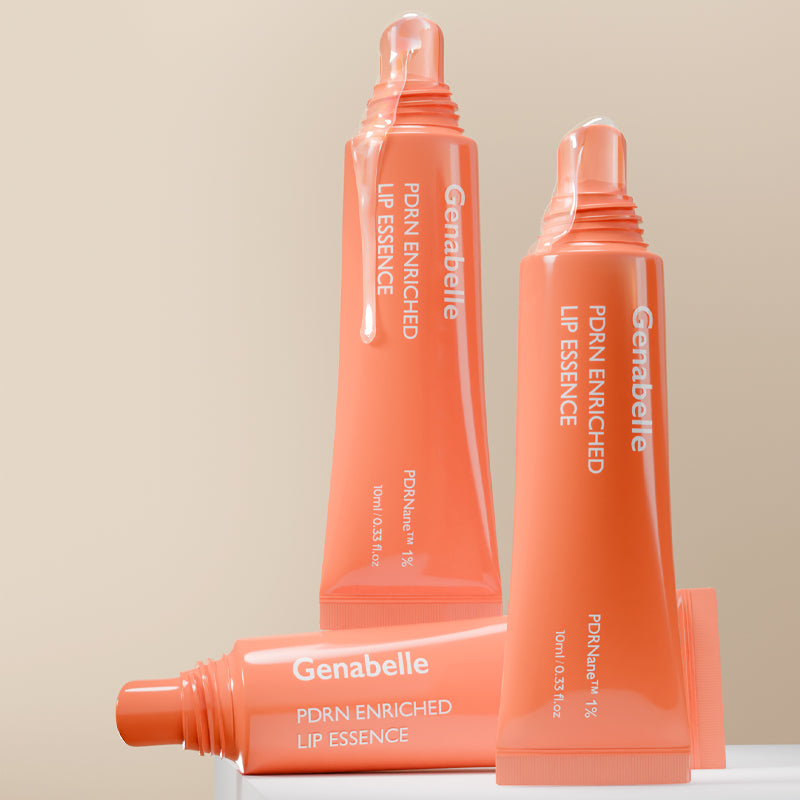 GENABELLE PDRN Enriched Lip Essence 10ml : flacons de baume pour lèvres, marque Genabelle, sur fond clair, packaging corail.