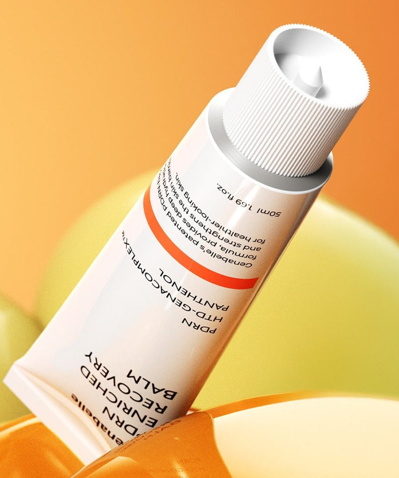 GENABELLE PDRN Enriched Recovery Balm 50ml, tube crème sur fond orange, texture baume en contexte skincare.