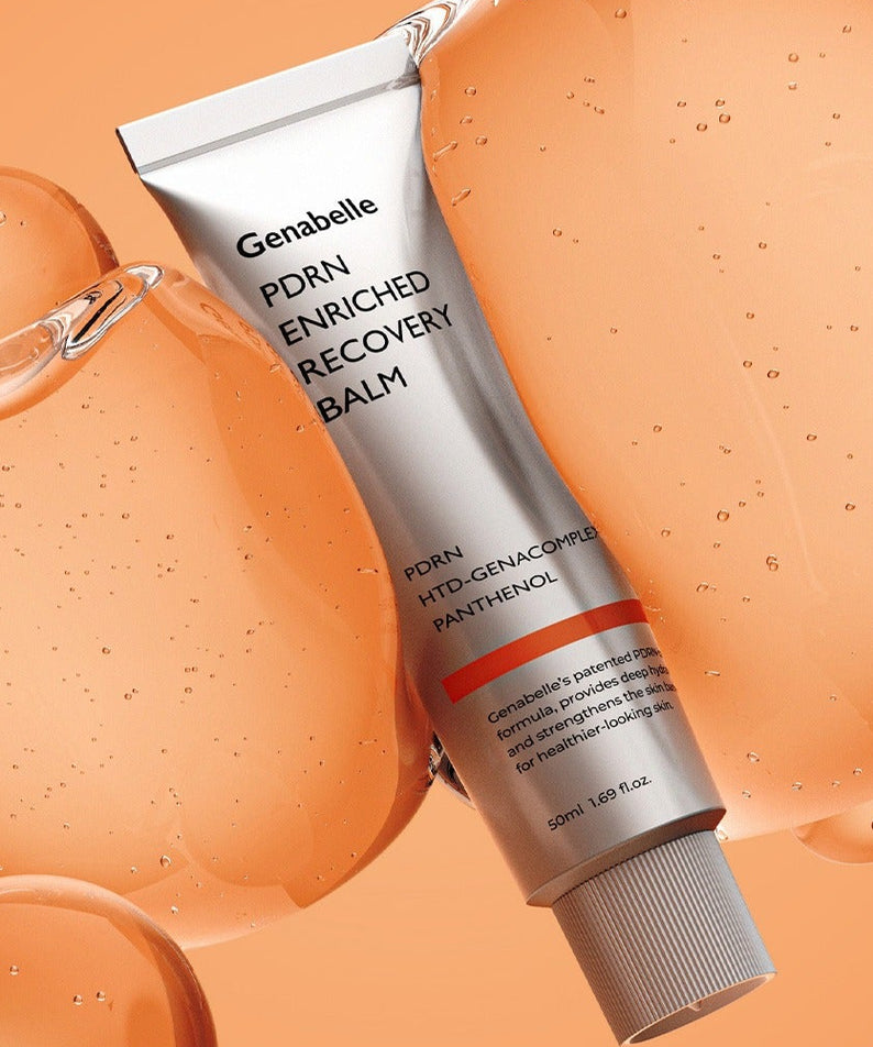 GENABELLE PDRN Enriched Recovery Balm 50ml, baume de récupération de Genabelle, sur fond orange abricot et peau texturée.