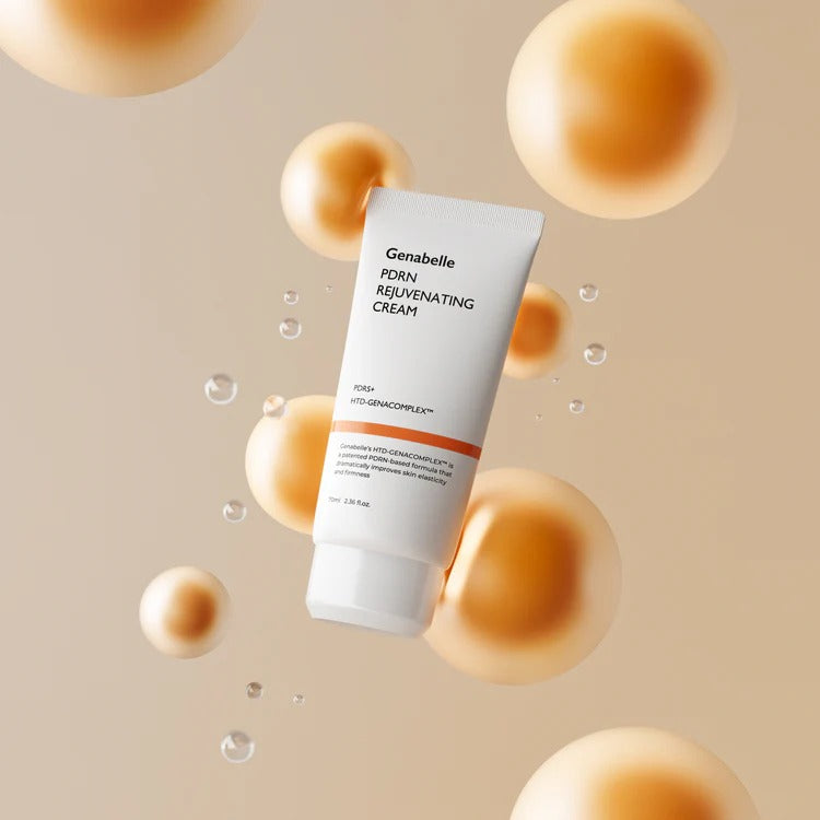 GENABELLE PDRN Rejuvenating Cream 70ml de Genabelle, tube de crème sur fond beige avec bulles, ambiance spa.