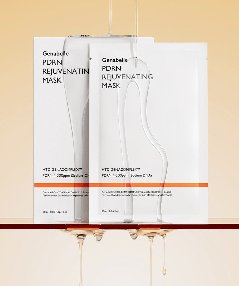 GENABELLE PDRN Rejuvenating Mask 5ea de Genabelle, masques cosmétiques en packs, sur fond beige clair, flacons suspendus.