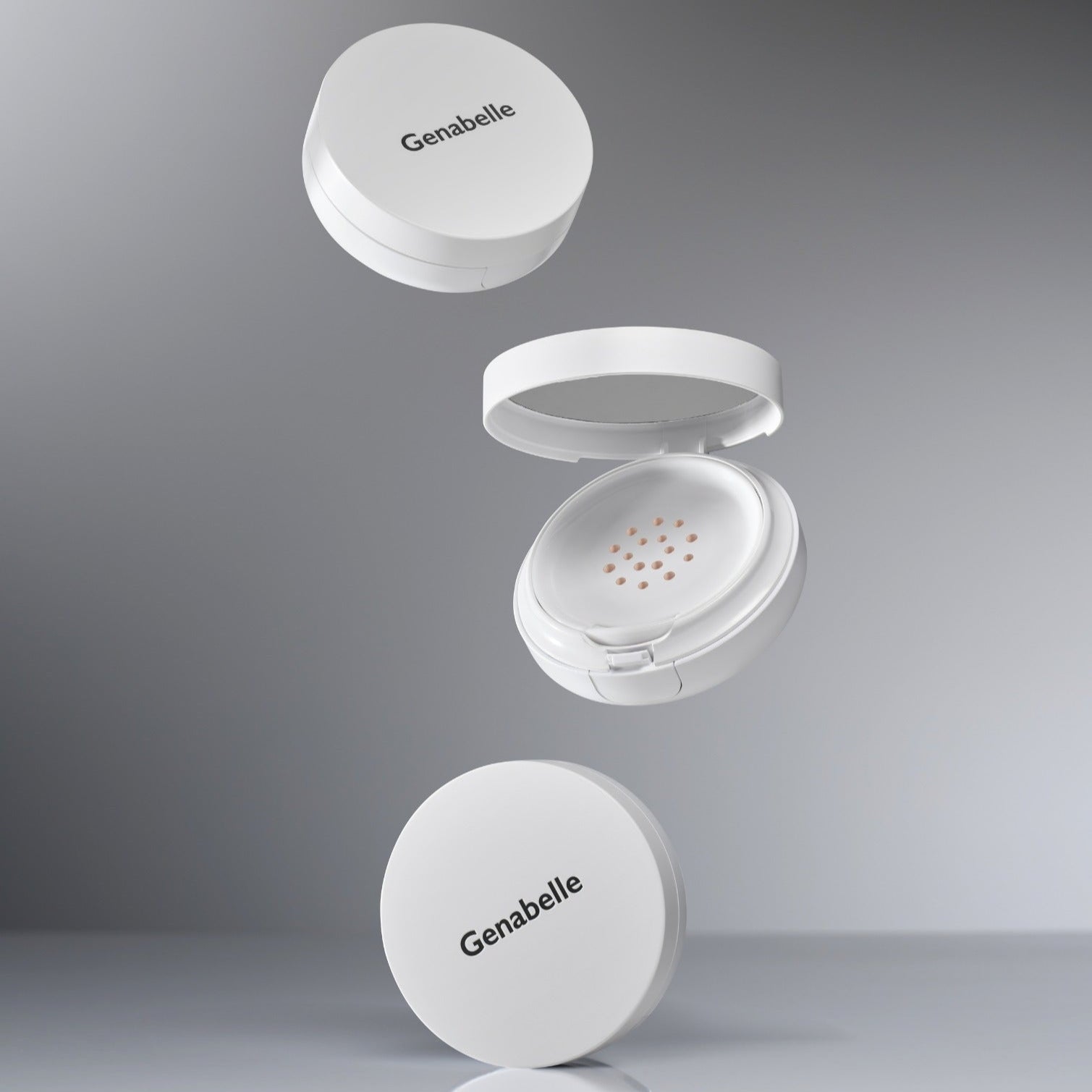 GENABELLE RX Derma Sheild Cushion 15g de Genabelle, boîte blanche ouverte sur fond gris, coussin de maquillage